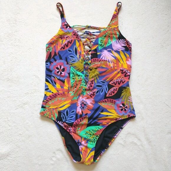 Bley Rod Beattie One Piece Swimsuit Women 16W Multicolor Floral Lace Up Hawaiian - Picture 1 of 8